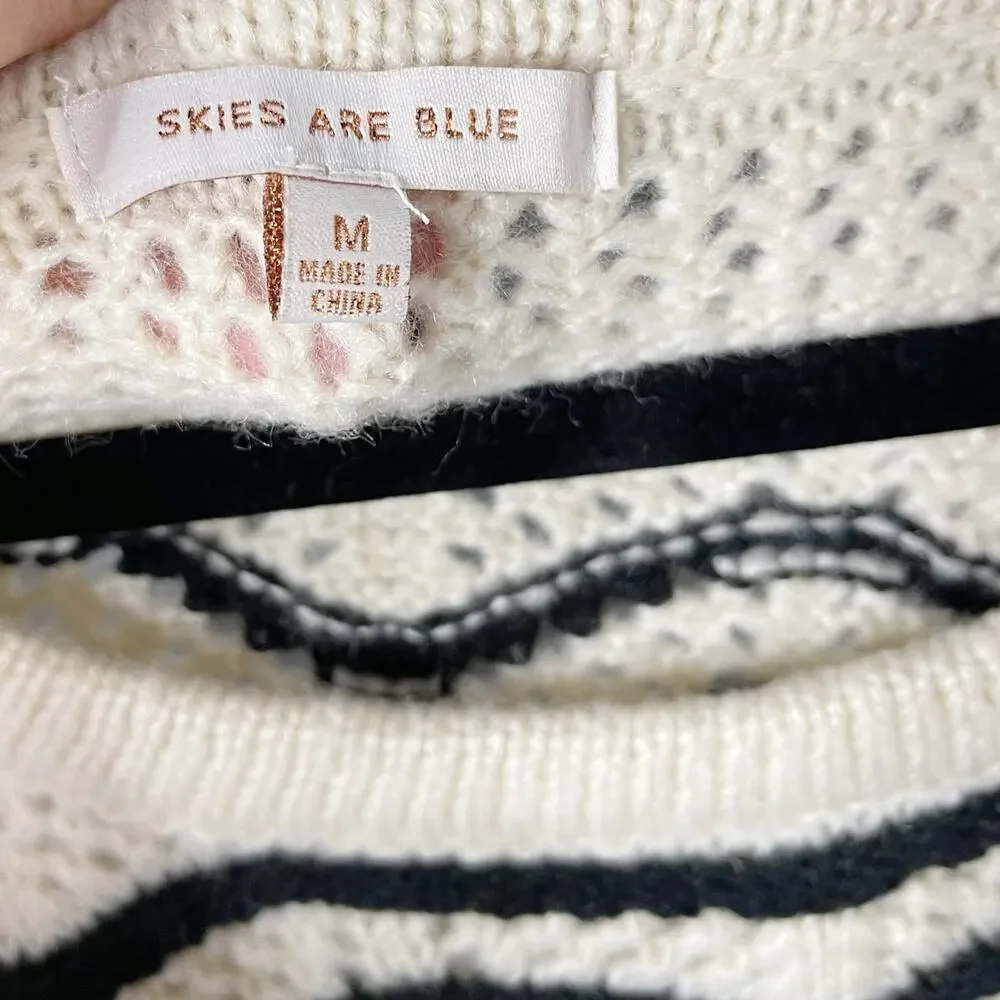 New Skies Are Blue Medium M Cream Black Gold Chevron Striped Open Knit Sweater
